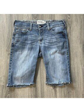 Ariat Shorts Womens 31R Blue Denim Bermuda Raw Frayed Hem Stretch Embroidered